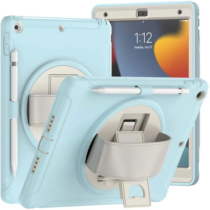 360 Degree Rotate Stand Case For iPad 9 8 7 7th 8th 9th Generation 10.2 inch Drop Resistance Cover with Pencil Holder Hand Strap