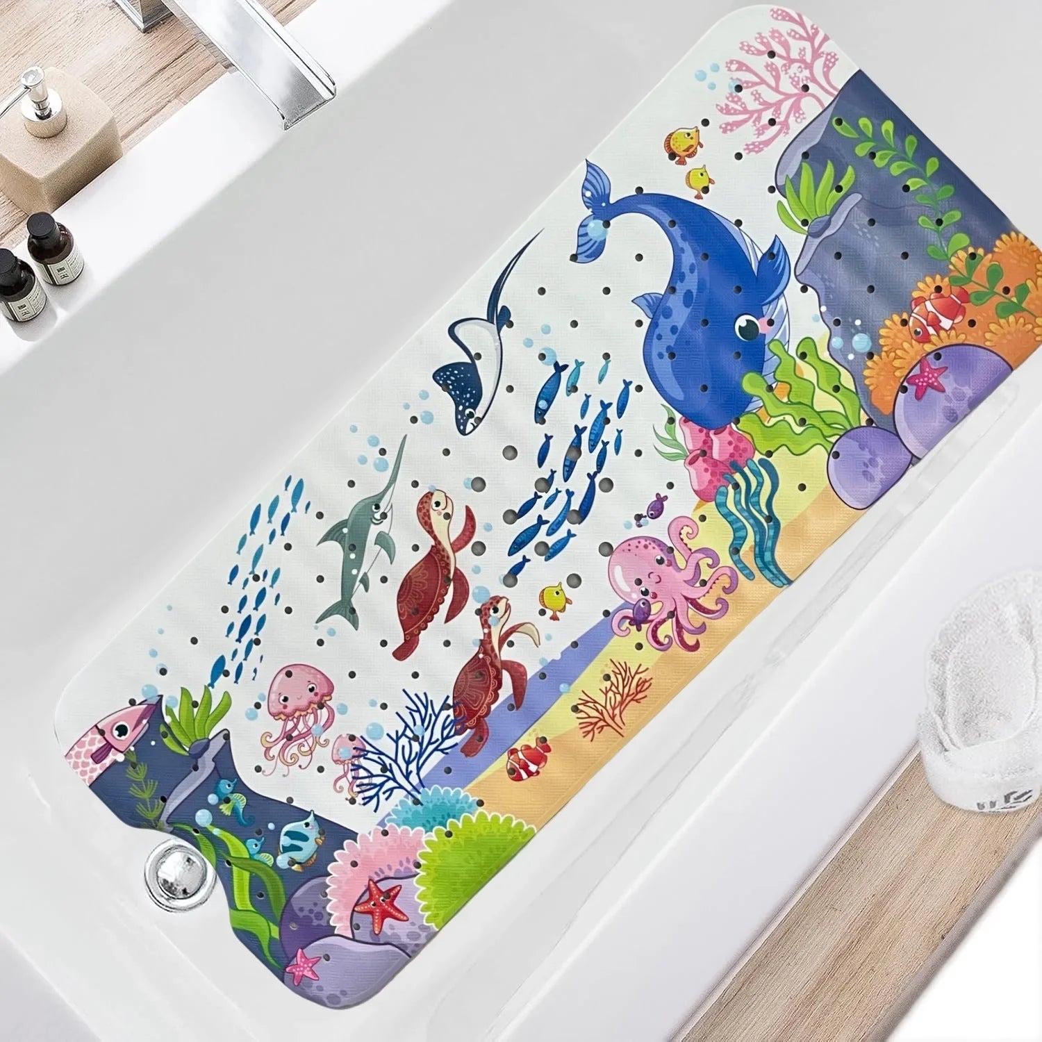 1pc Cartoon Extra Long Bathtub Mat 40x100cm Non Slip Bath Mat for Bathroom Tubs Shower Mats with Suction Cups & Drain Holes