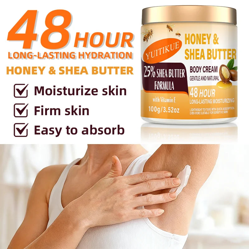 YUITIKUE 25% Shea Butter Body Cream 100g - 48H Moisturizer for Face, Body, Hands & Feet, Honey & Vitamin E, All-in-One Care