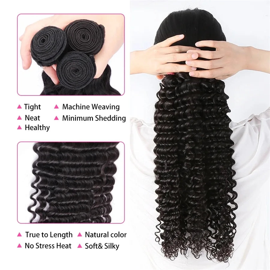 Deep Wave Raw Bundles Human Hair Brazilian Virgin Hair Weave Bundles 3/4Pcs Double Weft Natural Black 14-32 Inch Bundles Human Hair Extensions