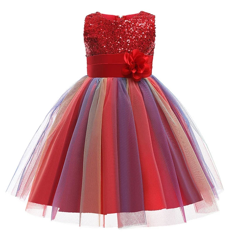 Sequins Girls Dress Summer Flower Fashion Rainbow Mesh Little Princess Dresses
