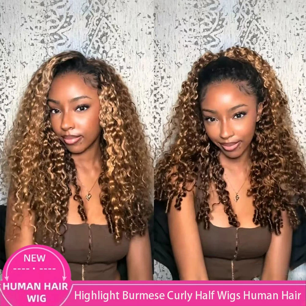 Highlight Burmese Curly Half Wigs Human Hair With Drawstring Colored Glueless 3 IN 1 Half Wigs Flip Over Burmese Curly Half Wigs
