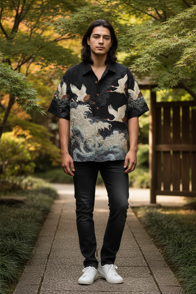 Embossed Flying Crane and Wave Printing Casual Short Sleeved Shirt