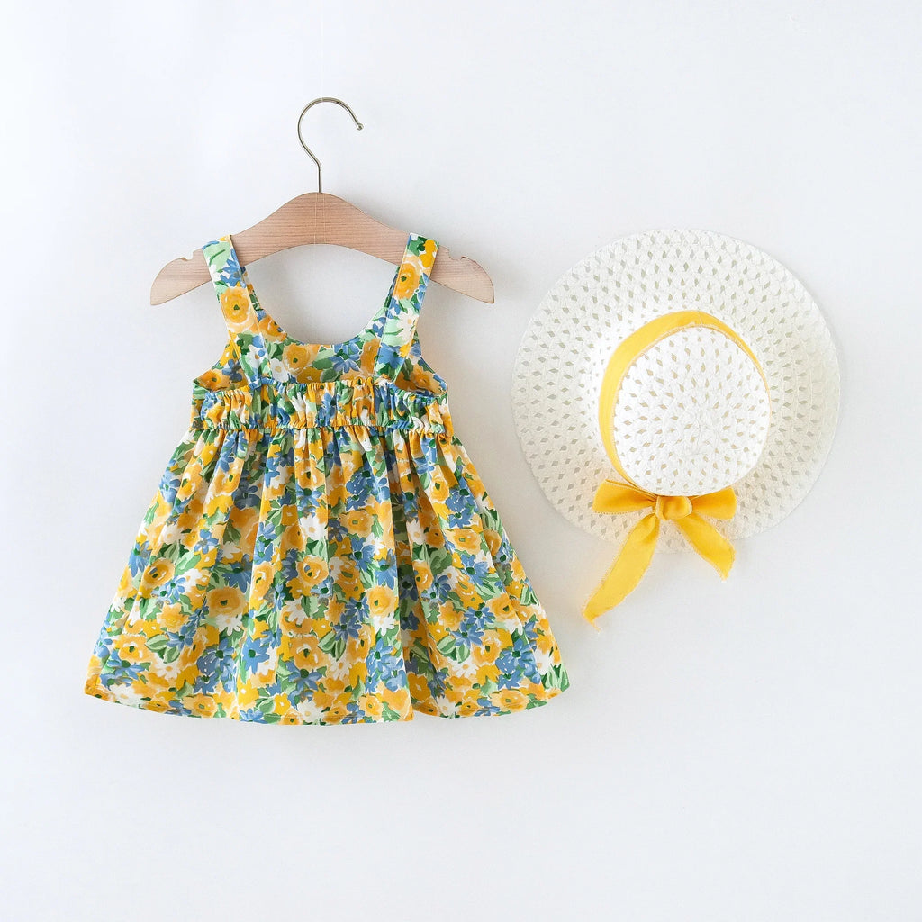 2Pcs/Set Flowers Baby Girl Dresses Summer Fashion Toddler Children Clothes Beach Smooth Dress Kid's Costume Hat 0 To 3 Y