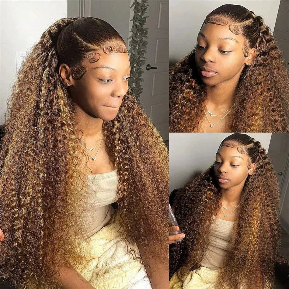 28 30Inch Highlight Wig Human Hair Honey Blonde Brown Lace Front Wigs Deep Curly Human Hair Wig Wave 13x4 Lace Frontal Wigs 200