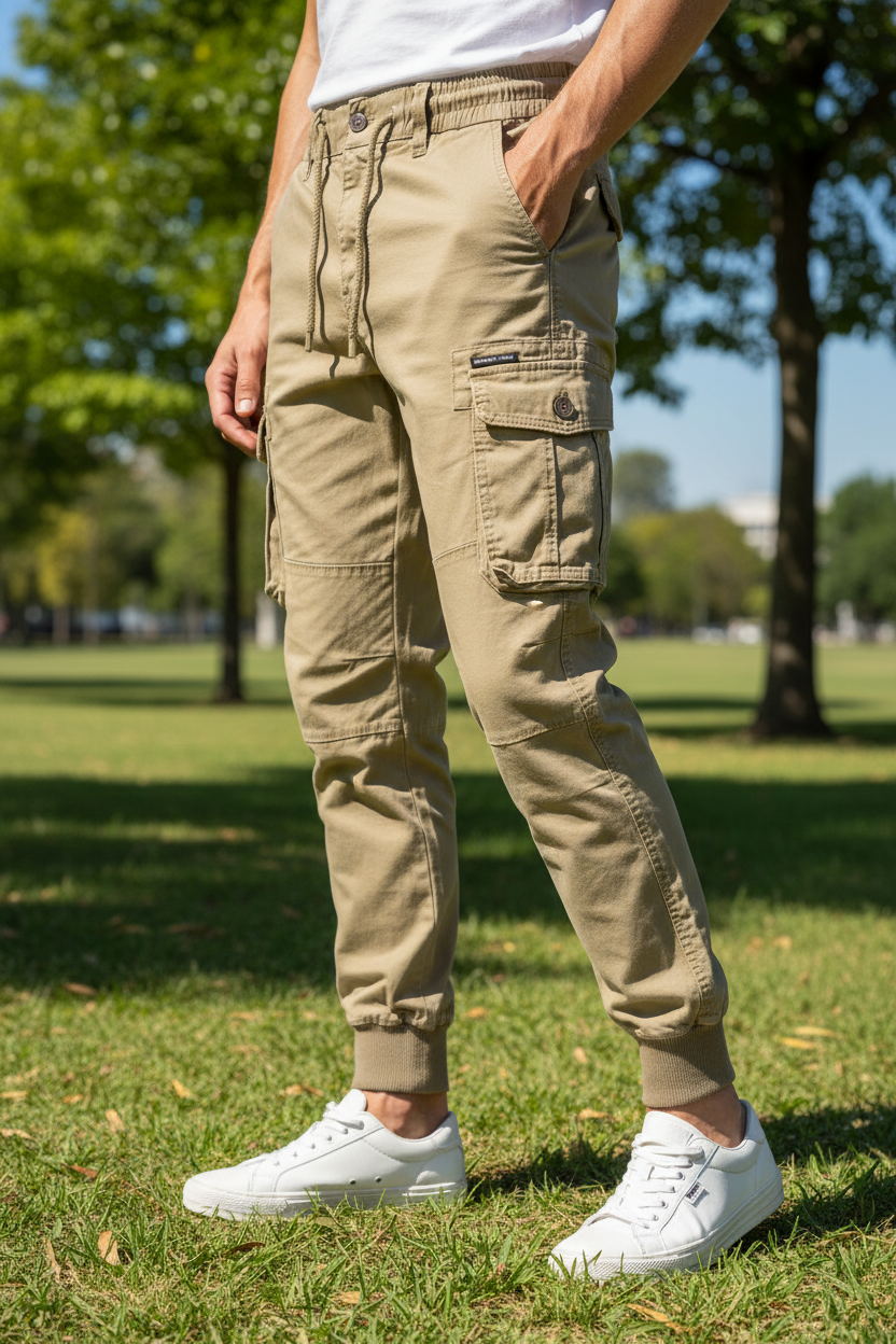 New Cotton Men’s Cargo Pants in Khaki, Black, Army, and Light Gray. Casual Tactical Joggers with Multi-Pockets for Fashion and Work Wear.