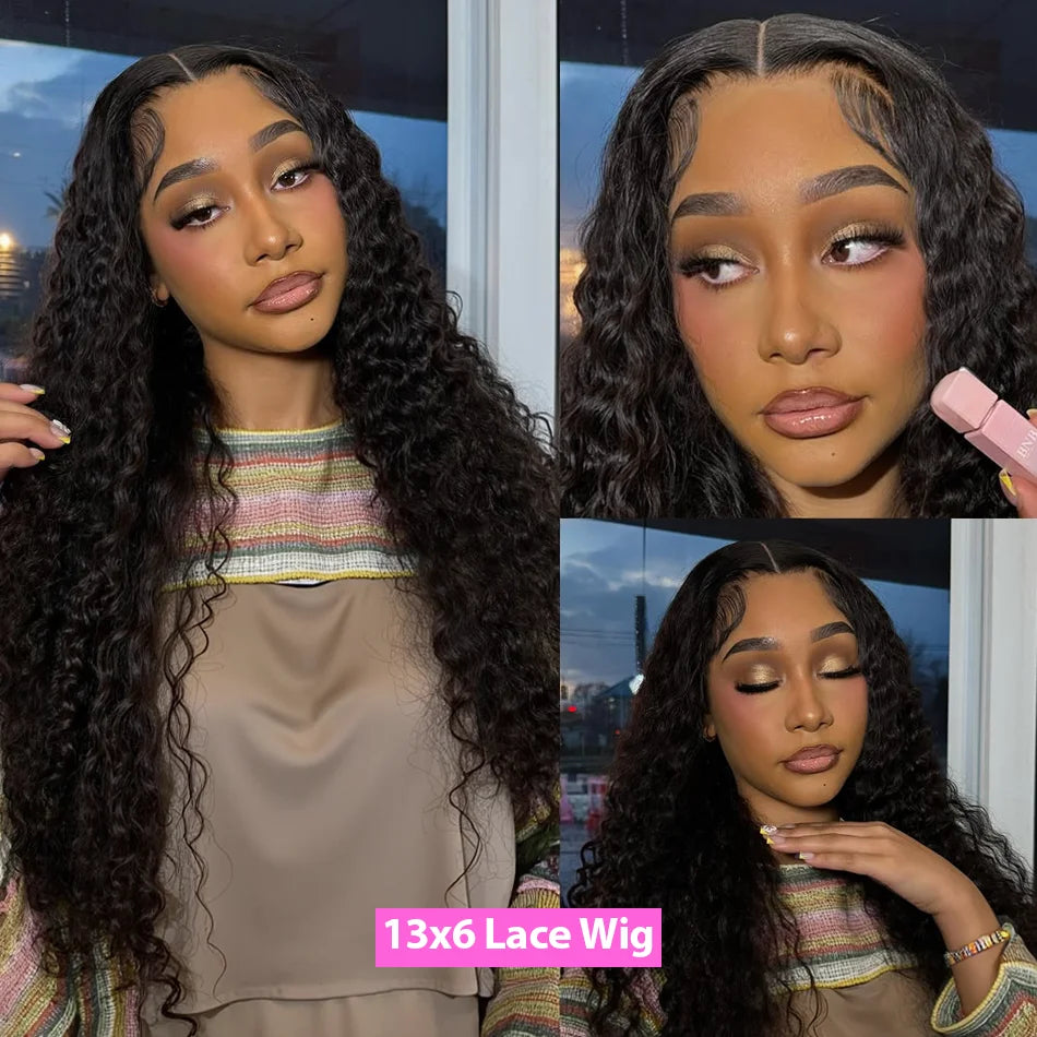 40 Inch 250% Natural Black Deep Wave Remy Human Hair Wigs 13x6 Lace Front Human Hair Wigs Transparent 13x4 HD Lace Frontal Pre Plucked 5x5 Glueless Curly Thick Ends