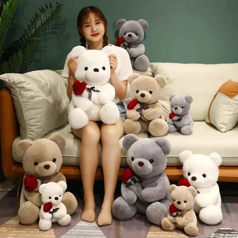 Kawaii Teddy Bear with Roses Plush Toy Soft Bear Stuffed Doll Romantic Gift for Lover Home Decor Valentine's Day Gifts for Girls