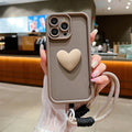 Luxury 3D Love Heart Matte Soft Lanyard Rope Phone Case For iPhone 16 15 14 13 12 11 Pro Max X XS XR 7 8 Plus Shockproof Cover