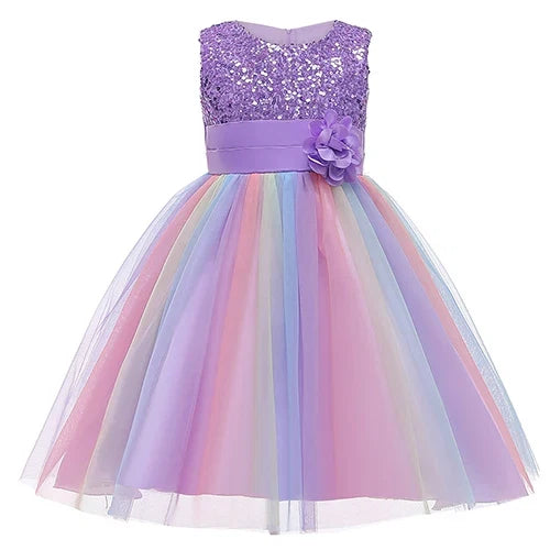 Sequins Girls Dress Summer Flower Fashion Rainbow Mesh Little Princess Dresses