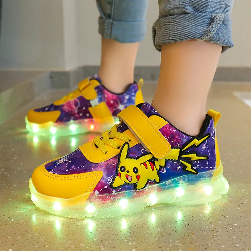 Kid’s Casual Shoes Boys Rechargeable Cartoon PU Leather Spring Fashion Flat Bottom Anti-slip Sneakers Yellow Size 25-36