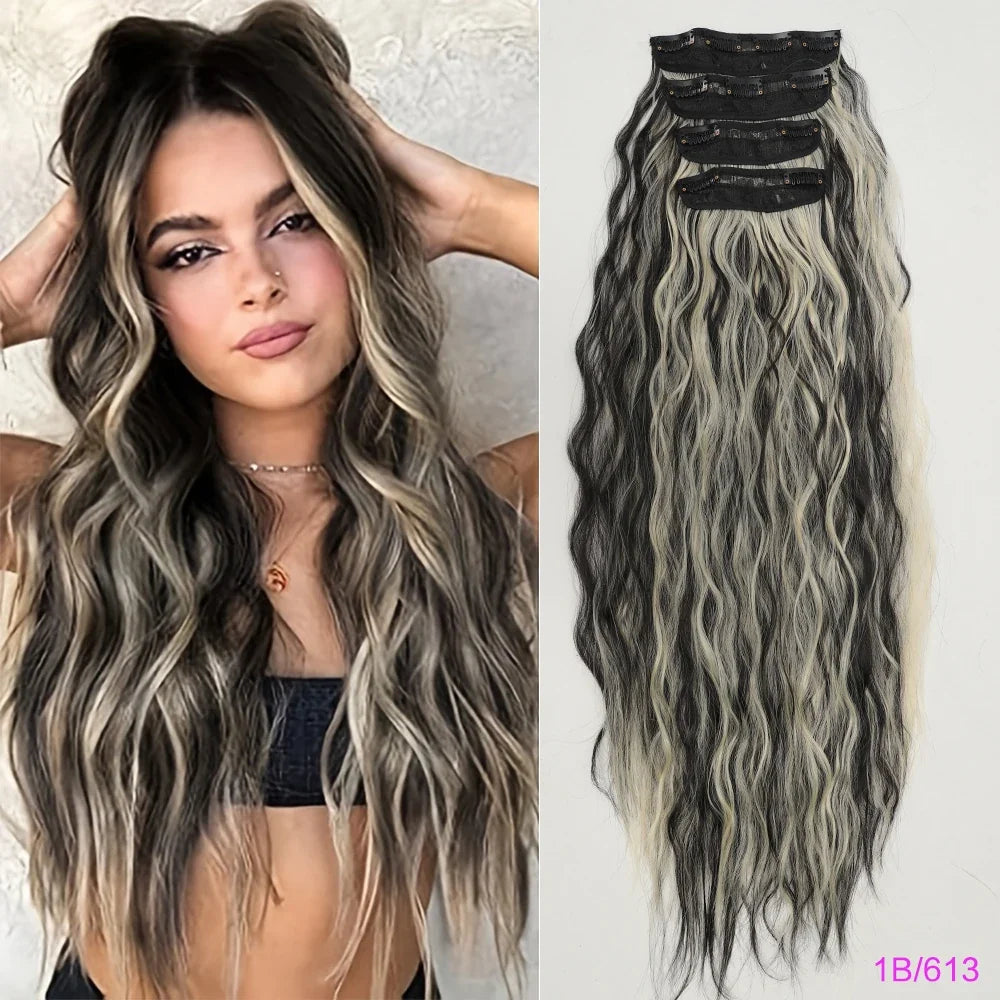 Voluminous Brown-Blonde Clip-In Extensions: 60.96 cm Wavy & Curly Synthetic Hair Set