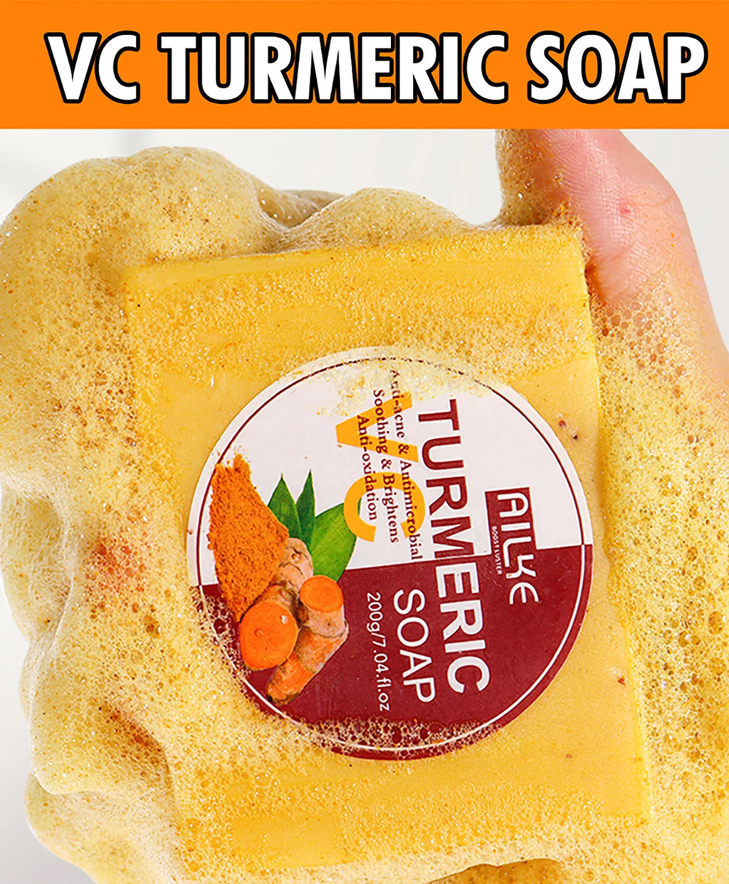 AILKE Natural Turmeric Bath Soap for Face, Body, Hands, Lightening, Cleaning, Even Skin Tone, Anti Dark Spots and Acne, 200g