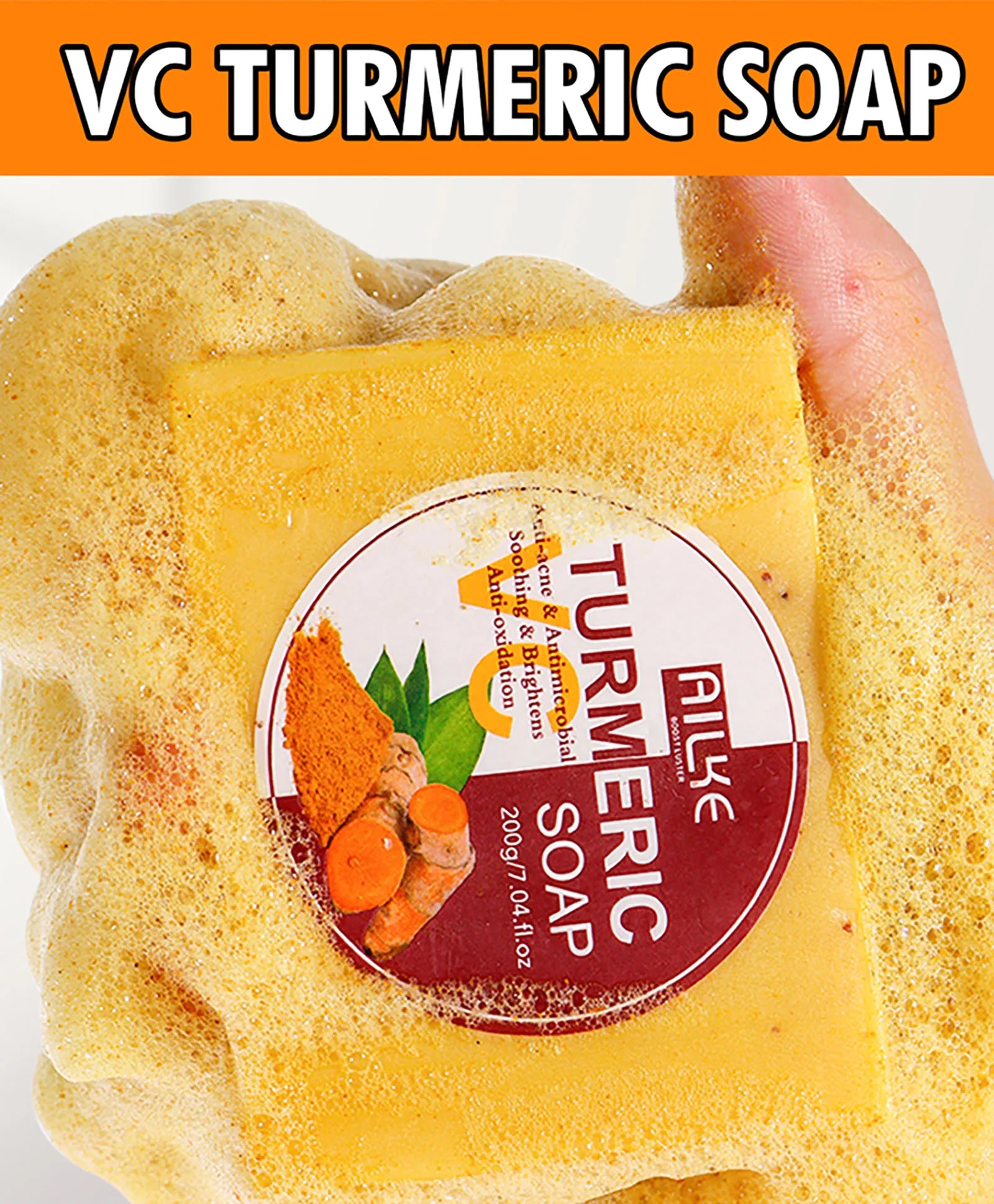 AILKE Natural Turmeric Bath Soap for Face, Body, Hands, Lightening, Cleaning, Even Skin Tone, Anti Dark Spots and Acne, 200g