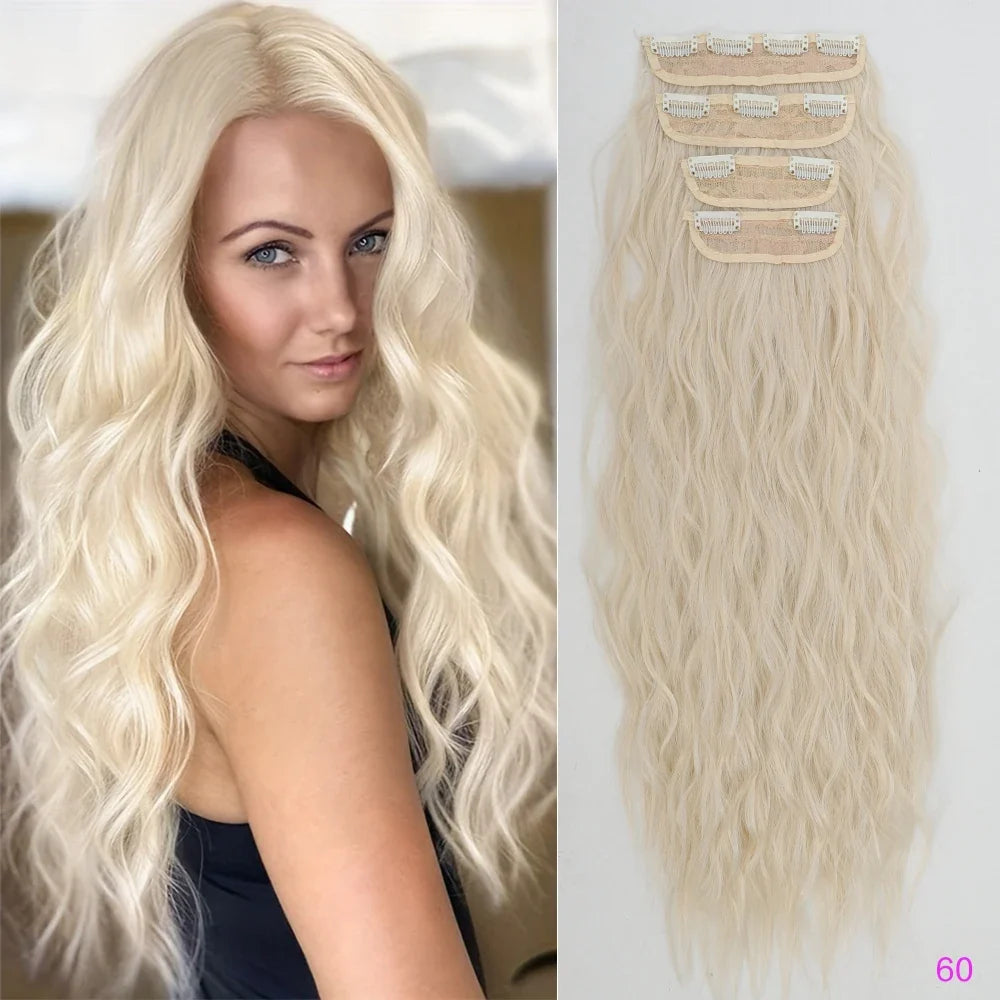 Voluminous Brown-Blonde Clip-In Extensions: 60.96 cm Wavy & Curly Synthetic Hair Set