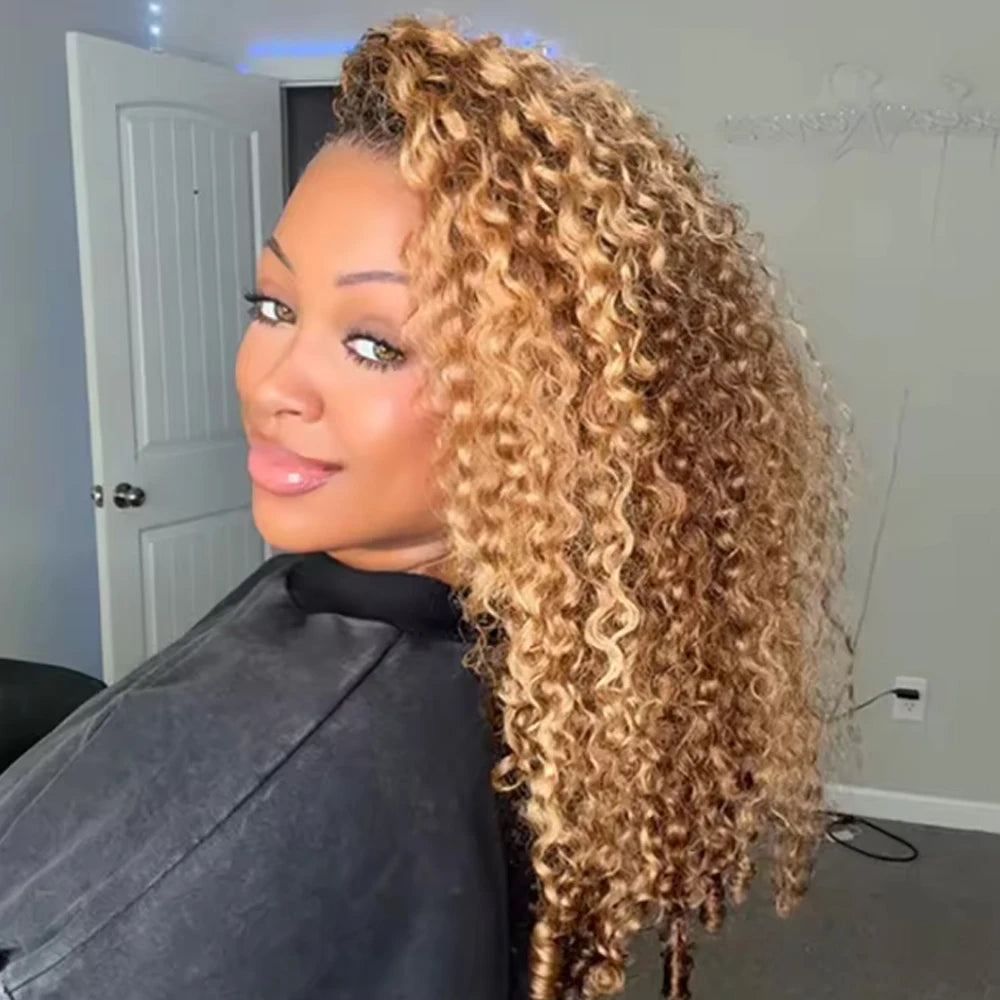 Highlight Burmese Curly Half Wigs Human Hair With Drawstring Colored Glueless 3 IN 1 Half Wigs Flip Over Burmese Curly Half Wigs