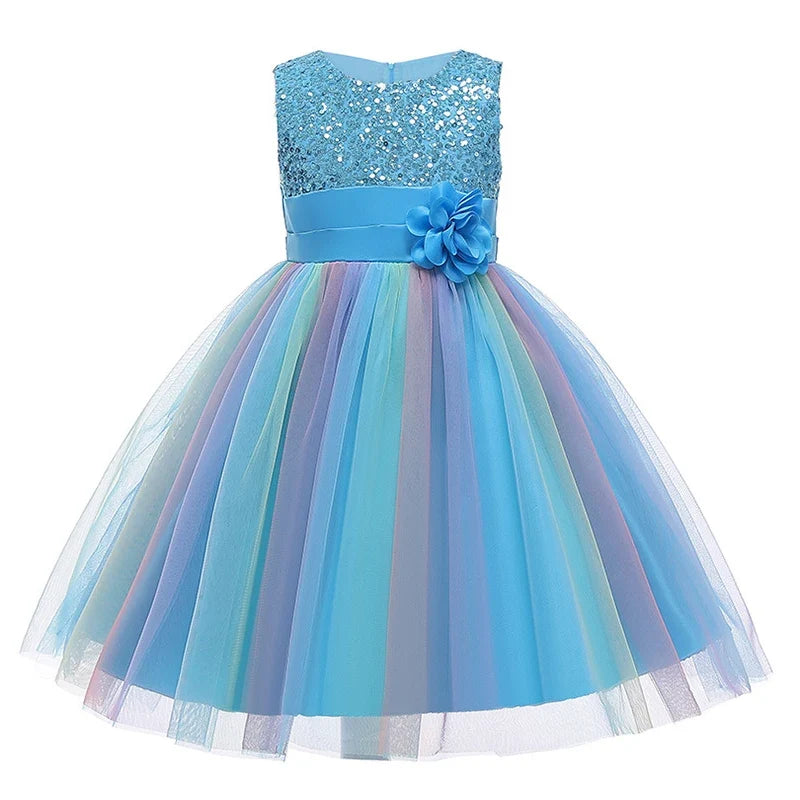 Sequins Girls Dress Summer Flower Fashion Rainbow Mesh Little Princess Dresses