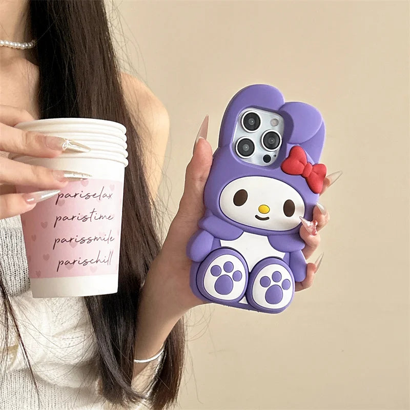 Cute 3D Cartoon Stand Holder Silicone Phone Case For iPhone 16 15 14 13 12 Pro Max Plus Soft Cover