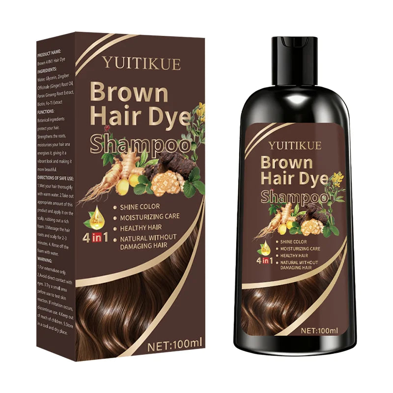 YUITIKUE Brown Hair Dye Shampoo | 4-in-1 Color, Moisturize, Nourish, Natural Ginger Formula 100ml