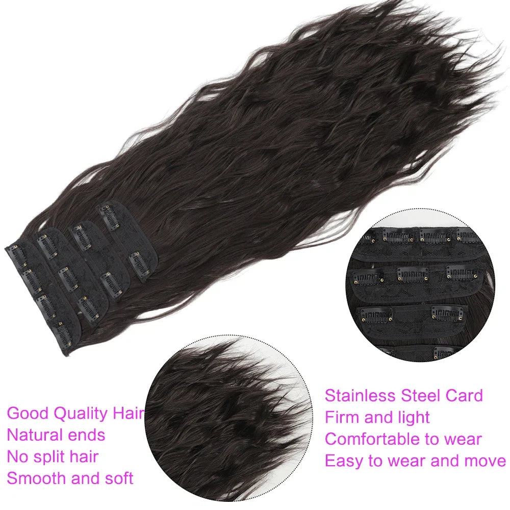 Voluminous Brown-Blonde Clip-In Extensions: 60.96 cm Wavy & Curly Synthetic Hair Set