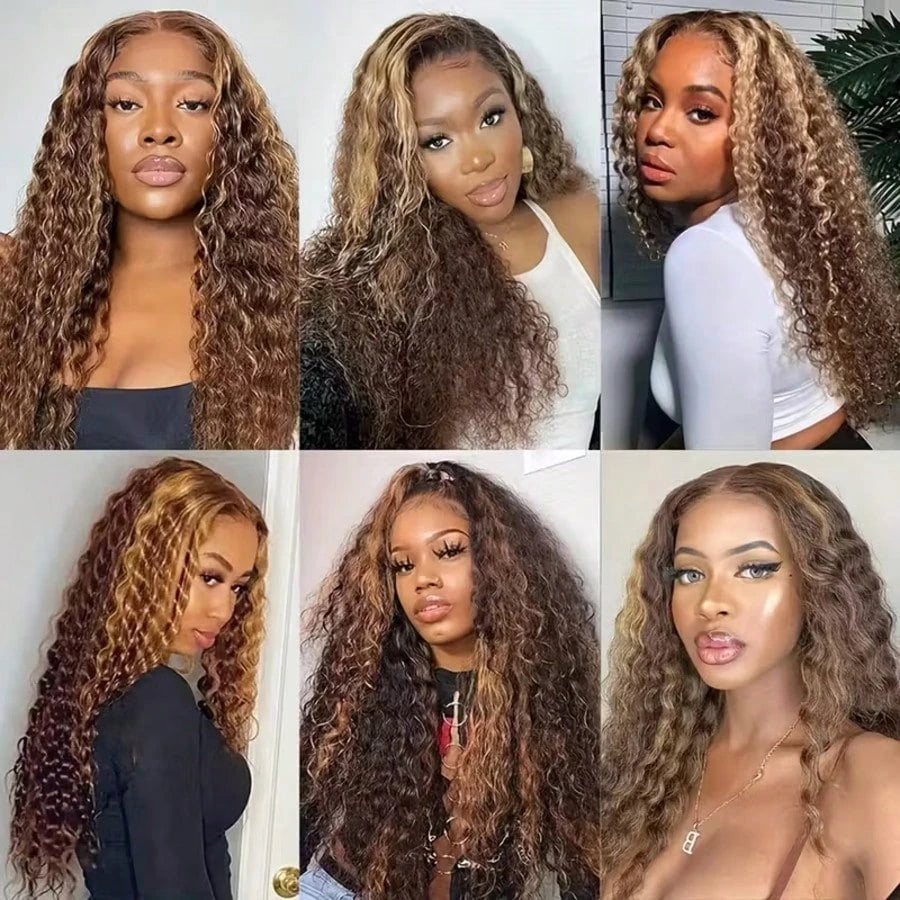 28 30Inch Highlight Wig Human Hair Honey Blonde Brown Lace Front Wigs Deep Curly Human Hair Wig Wave 13x4 Lace Frontal Wigs 200