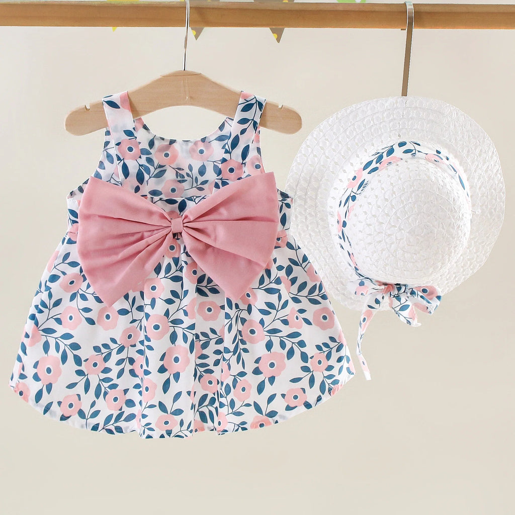 Summer New Girls Dress Halter Ribbon Ribbon Full Print Floral A-line Dress Birthday Party Team Dress + Hat Bow Ribbon