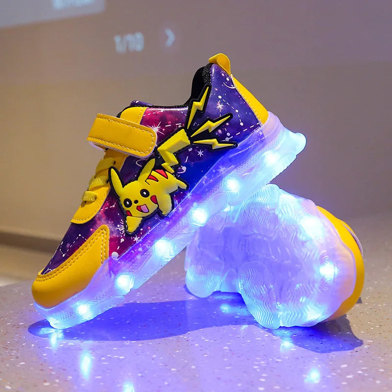 Kid’s Casual Shoes Boys Rechargeable Cartoon PU Leather Spring Fashion Flat Bottom Anti-slip Sneakers Yellow Size 25-36
