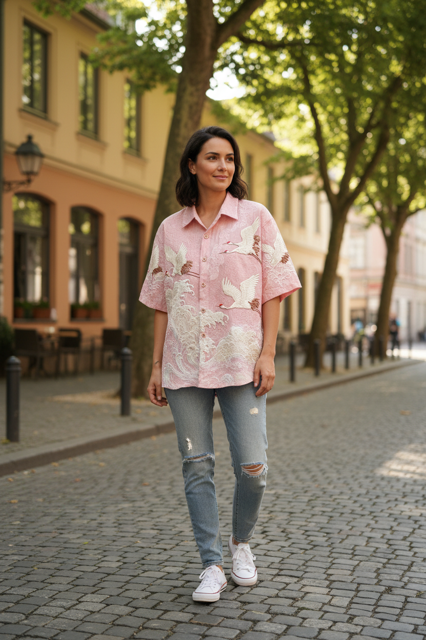 Embossed Flying Crane and Wave Printing Casual Short Sleeved Shirt