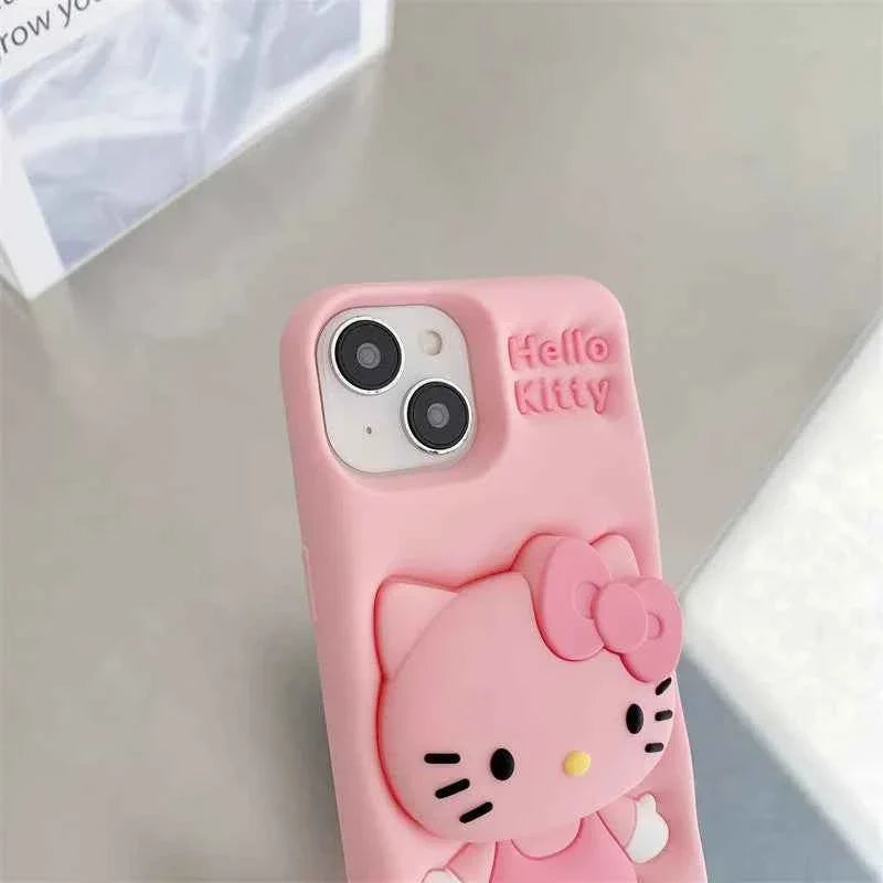 Cute Hello Kitty Phone Case For iPhone 17 16 15 14 13 12 11 Pro Max Plus 17Pro Head Grip Tok Holder Silicone Cartoon Phone Cases