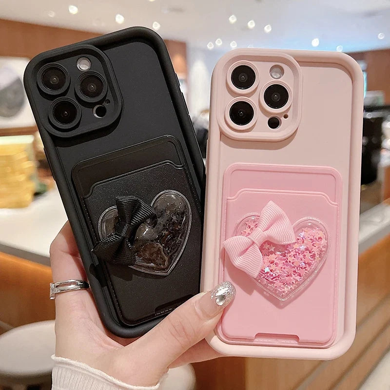 Lovely 3D Love Heart Card Bag Holder Phone Case For iPhone 15 14 13 12 11 16 Pro Max XR XS 7 8 Plus Shockproof Candy Soft Cover