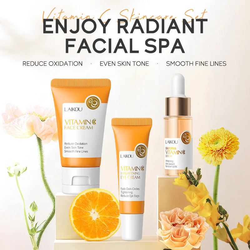 LAIKOU Vitamin C Skin Care Sets 3pcs Face Cream Serum Eye Cream Moisturizing Anti Wrinkles Facial Care Kit
