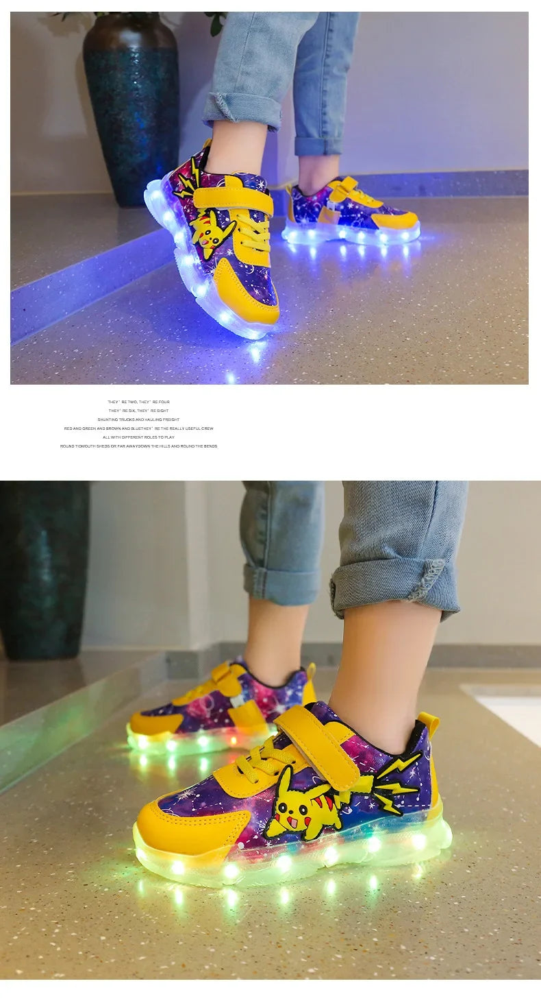 Kid’s Casual Shoes Boys Rechargeable Cartoon PU Leather Spring Fashion Flat Bottom Anti-slip Sneakers Yellow Size 25-36