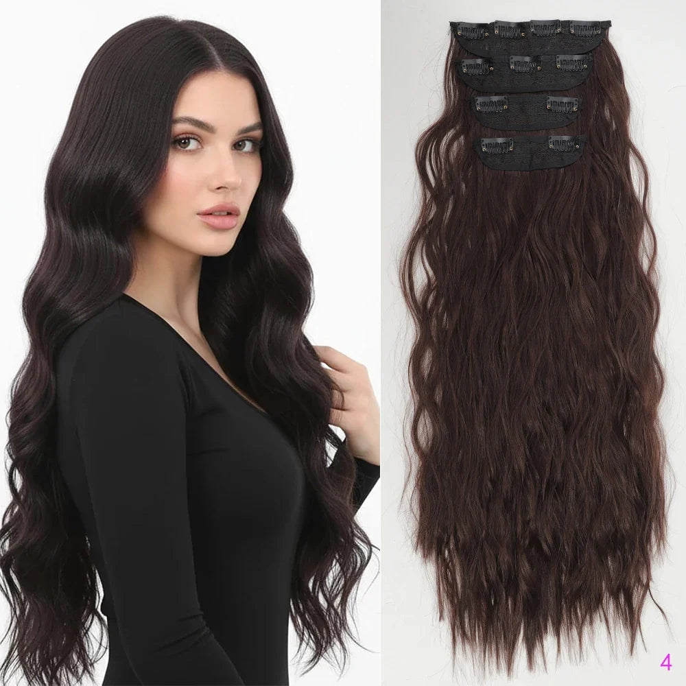 Voluminous Brown-Blonde Clip-In Extensions: 60.96 cm Wavy & Curly Synthetic Hair Set