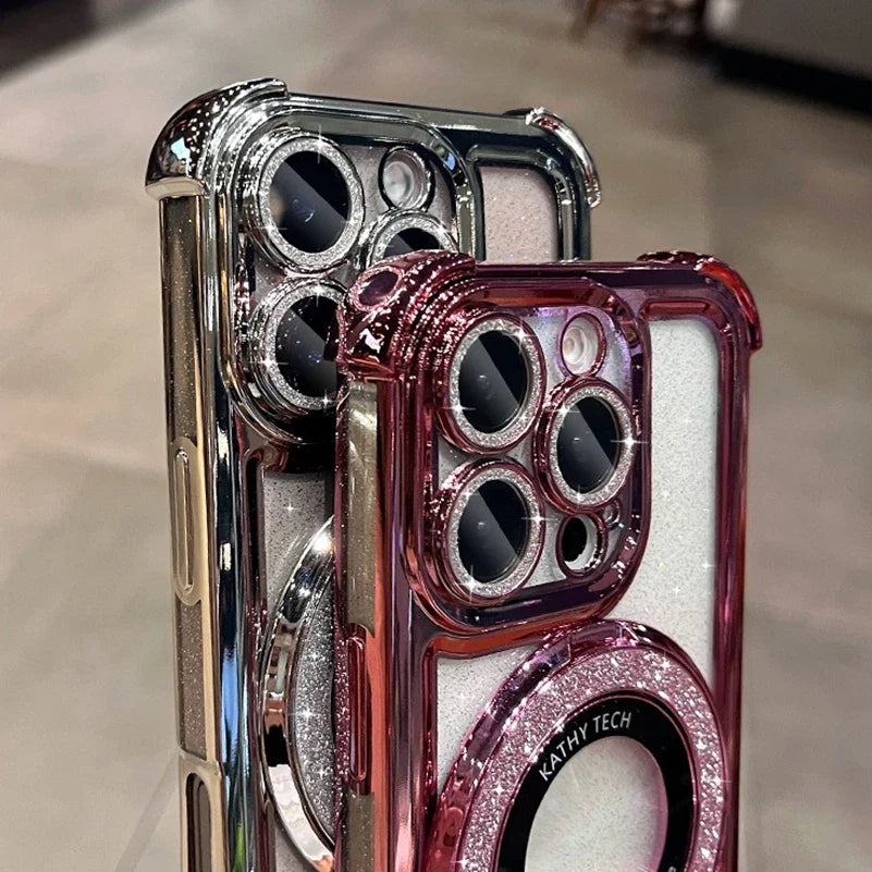 Double Bling Glitter Magsafe Bracket Case for iPhone 16 Pro Max Plus Transparent Plating Cover for iPhone 13 12 11 14 15 Pro Max