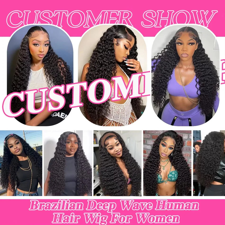 40 Inch 250% Natural Black Deep Wave Remy Human Hair Wigs 13x6 Lace Front Human Hair Wigs Transparent 13x4 HD Lace Frontal Pre Plucked 5x5 Glueless Curly Thick Ends