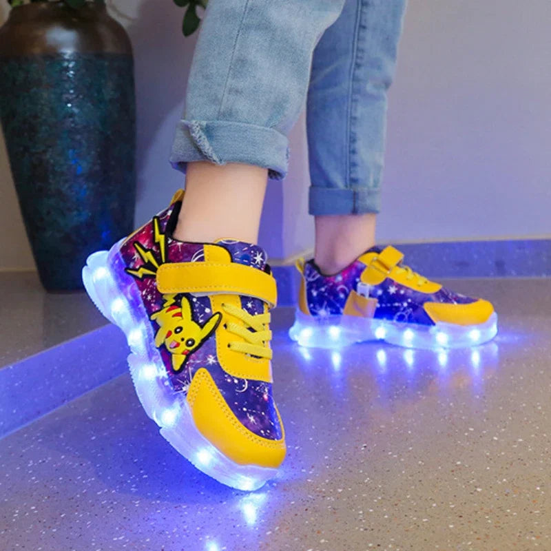 Kid’s Casual Shoes Boys Rechargeable Cartoon PU Leather Spring Fashion Flat Bottom Anti-slip Sneakers Yellow Size 25-36