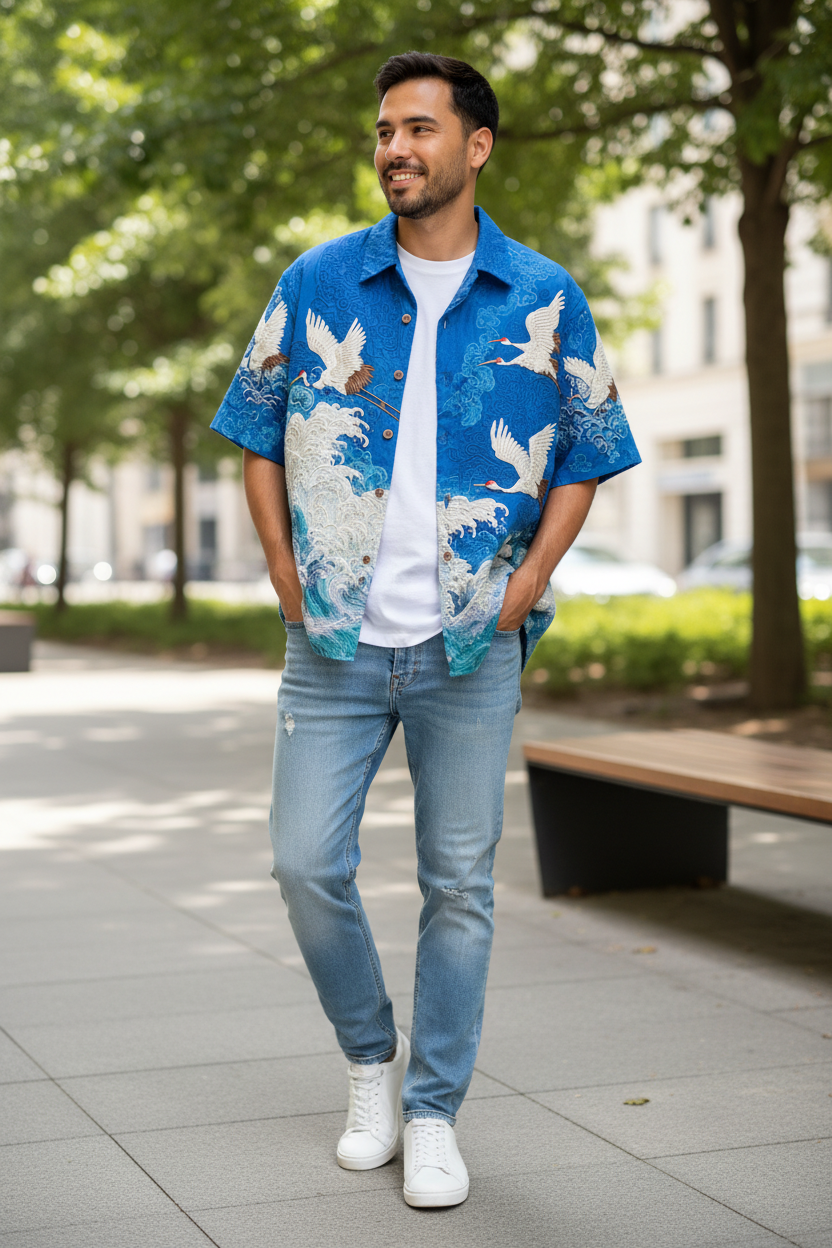 Embossed Flying Crane and Wave Printing Casual Short Sleeved Shirt
