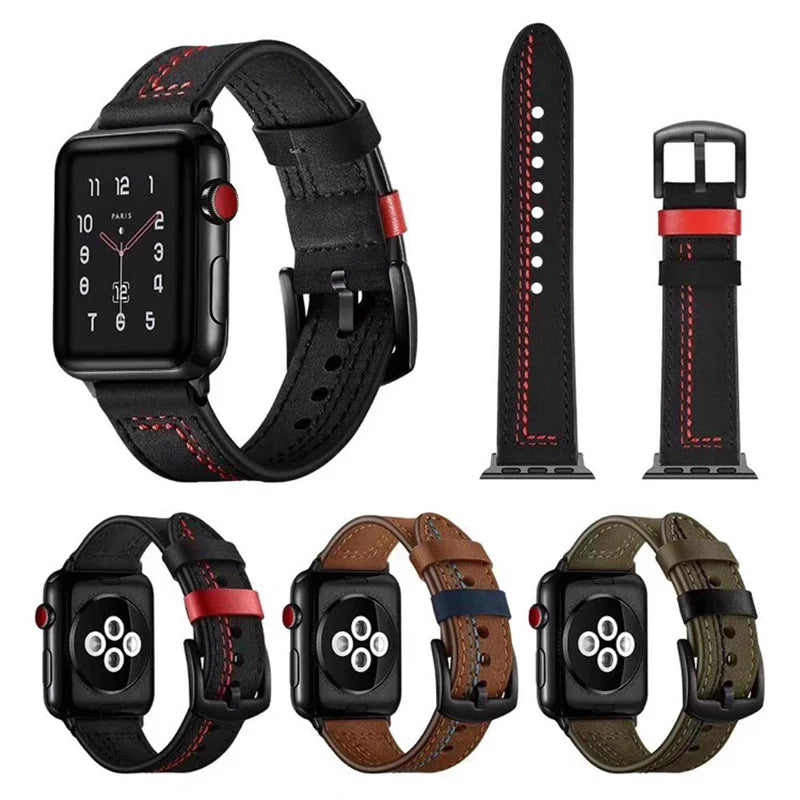 Leather Watchband for Apple Watch Series 9 8 7 6 SE 5 4 3 2 1 Durable Design Strap for iWatch Band 40mm 42mm 44mm 45mm 49mm 38mm