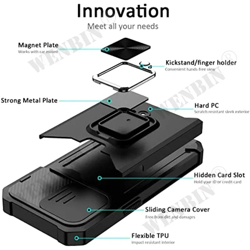 Case For iPhone 16 15 14 13 12 Pro Max Plus 8 7 Plus Mini SE Heavy Duty Protection With Sliding Camera Cover And Card Clip Cover