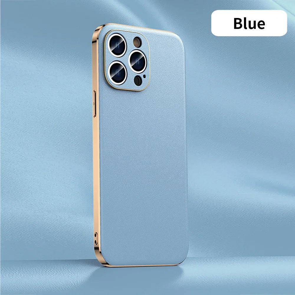Genuine Cowhide Leather Phone Case for iPhone 16 15 11 12 13 14 Pro Max Luxury Plating Shockproof Lens Protection Back Cover
