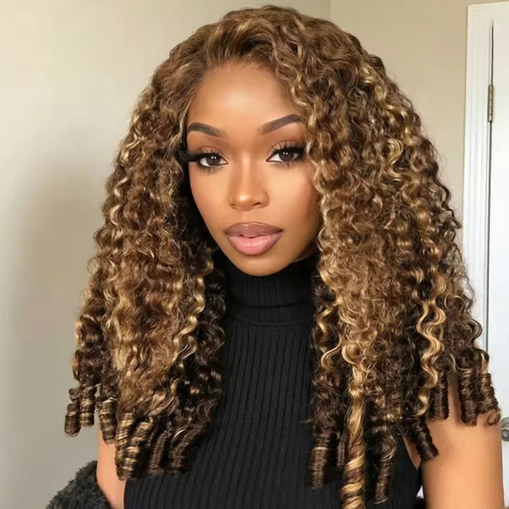 Highlight Burmese Curly Half Wigs Human Hair With Drawstring Colored Glueless 3 IN 1 Half Wigs Flip Over Burmese Curly Half Wigs