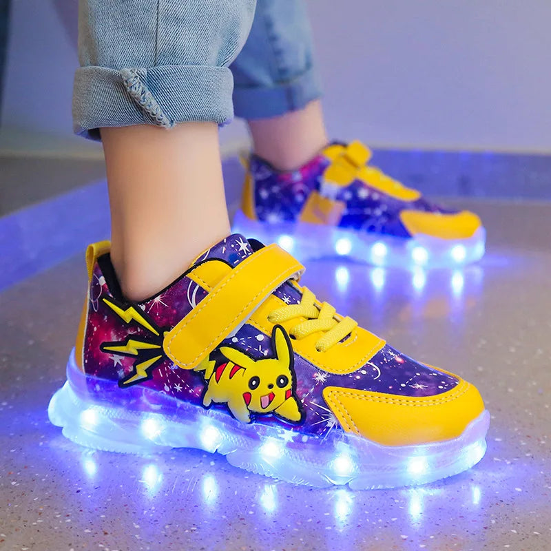 Kid’s Casual Shoes Boys Rechargeable Cartoon PU Leather Spring Fashion Flat Bottom Anti-slip Sneakers Yellow Size 25-36