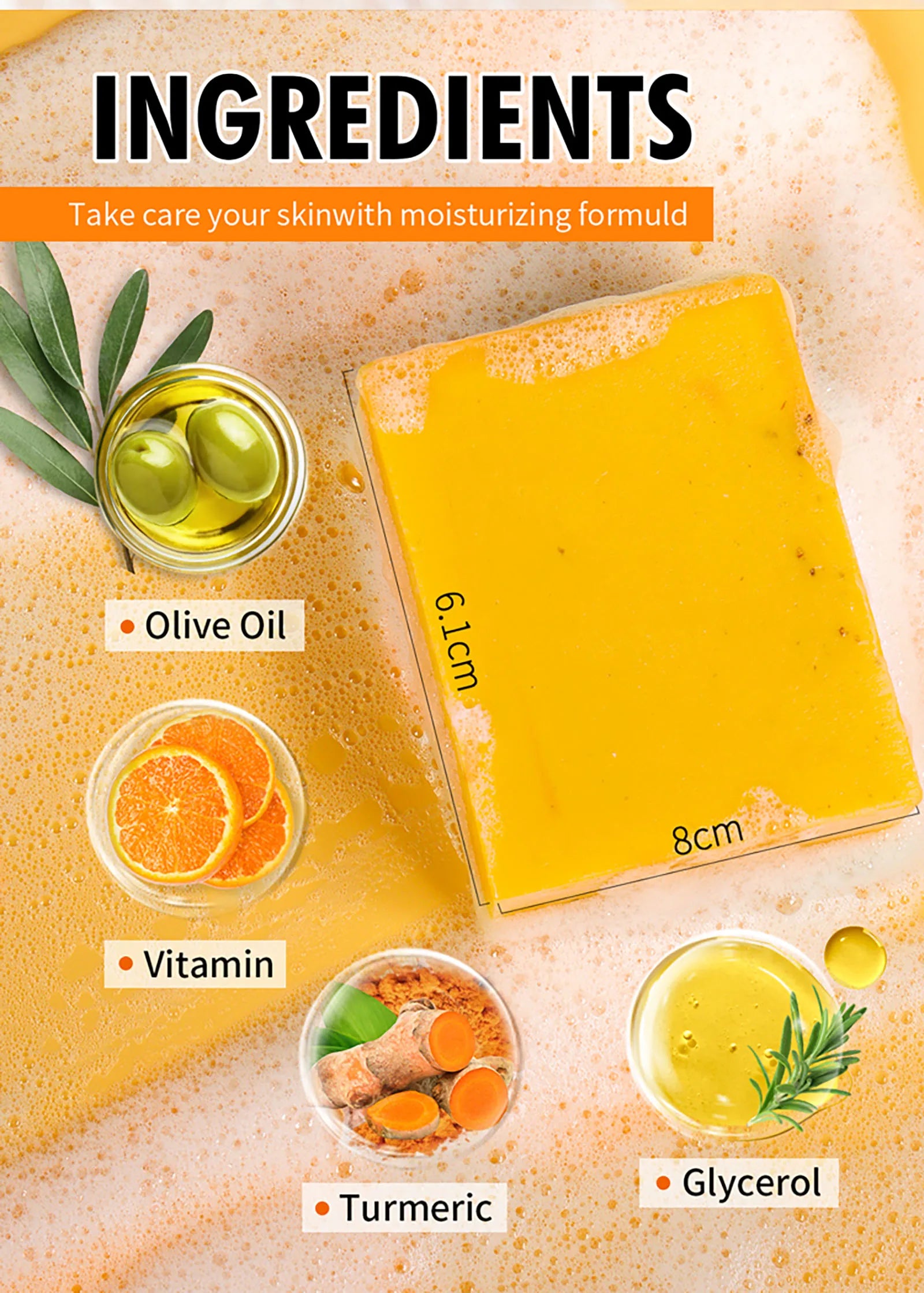 AILKE Natural Turmeric Bath Soap for Face, Body, Hands, Lightening, Cleaning, Even Skin Tone, Anti Dark Spots and Acne, 200g