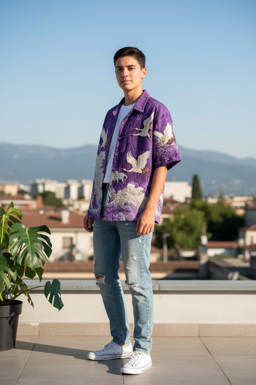Embossed Flying Crane and Wave Printing Casual Short Sleeved Shirt
