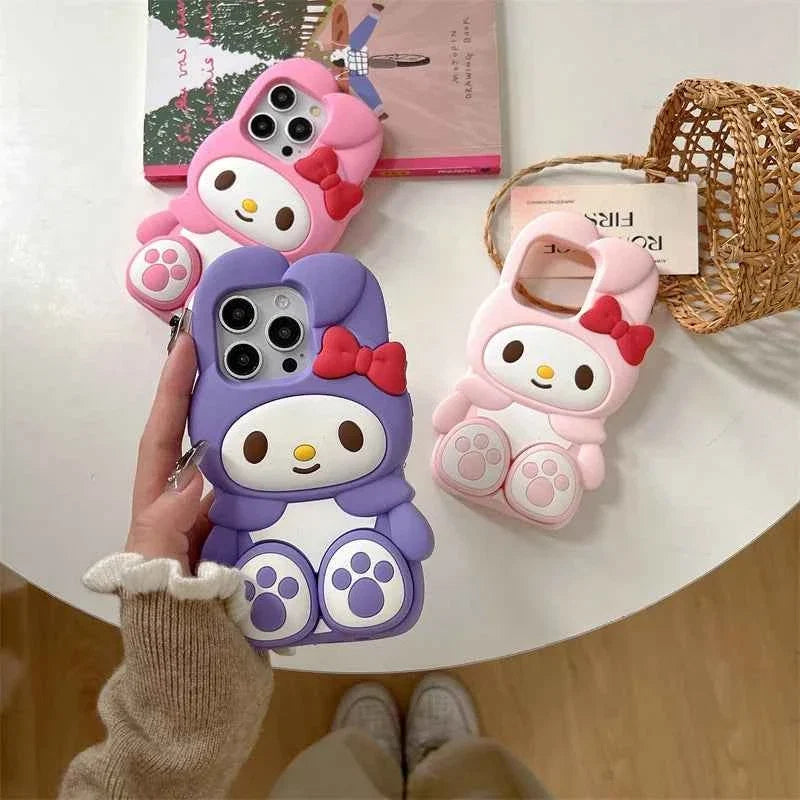 Cute 3D Cartoon Stand Holder Silicone Phone Case For iPhone 16 15 14 13 12 Pro Max Plus Soft Cover