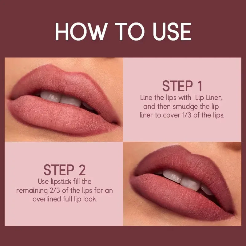 Professional 2PCS Lip Liner Lipstick Set Matte Finish High Pigment Long Lasting Waterproof Sweatproof Cosmetic Beauty Kit