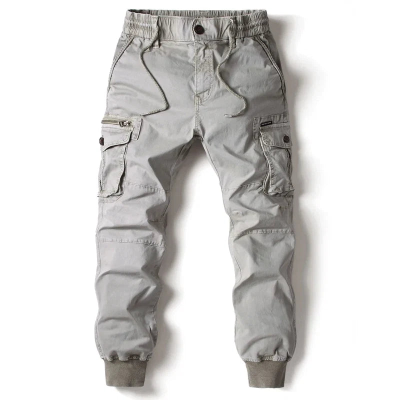 New Cotton Men’s Cargo Pants in Khaki, Black, Army, and Light Gray. Casual Tactical Joggers with Multi-Pockets for Fashion and Work Wear.