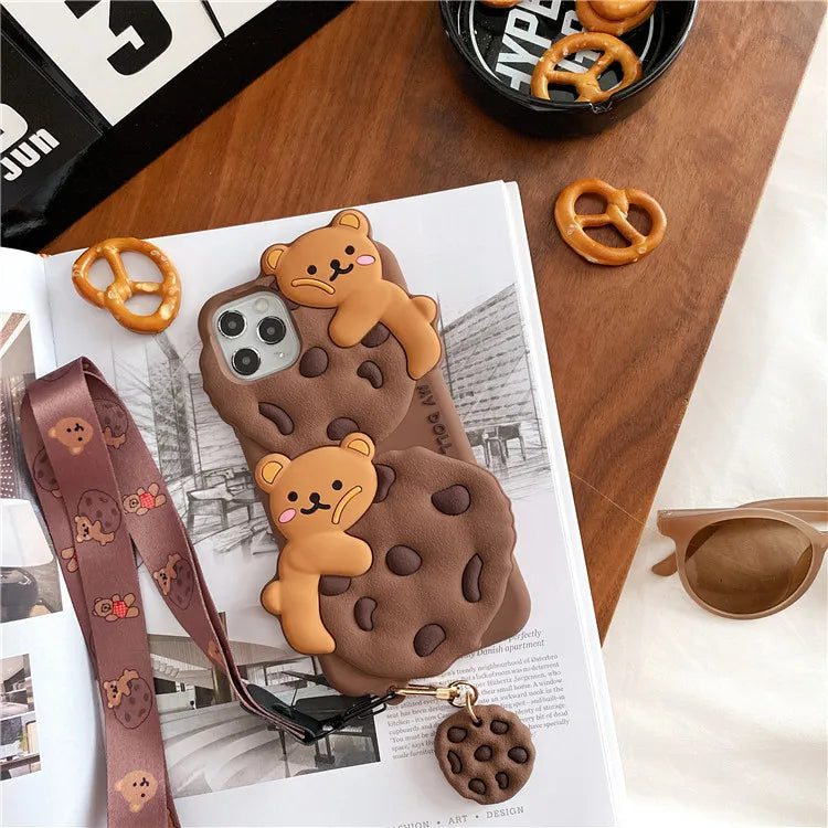 Cute Cartoon Cookie Bear Lanyard Phone Case For iPhone 16 15 14 13 12 11 Pro Max X XR XS 6 7 8 Plus Shockproof Protective Cover