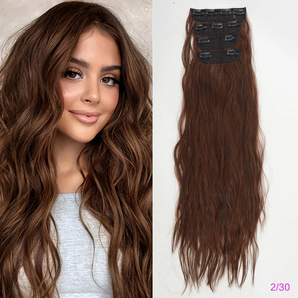 Voluminous Brown-Blonde Clip-In Extensions: 60.96 cm Wavy & Curly Synthetic Hair Set