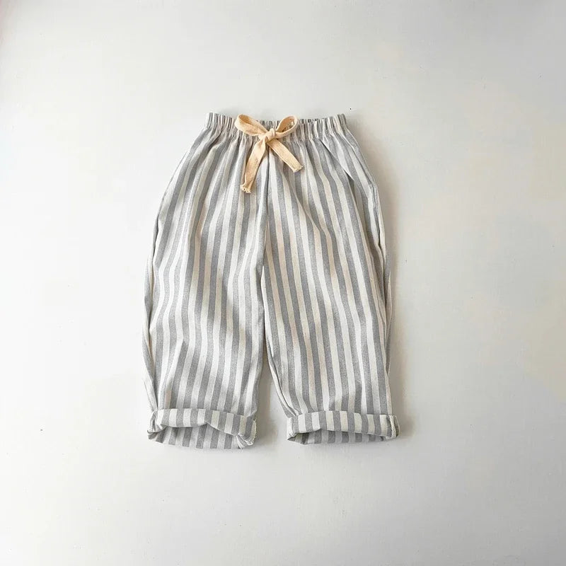 Spring Summer Boys Striped Loose Pants Baby Girl Vintage Casual Linen Cotton Harlan Pants Kids Lace-up Pant Children Clothing
